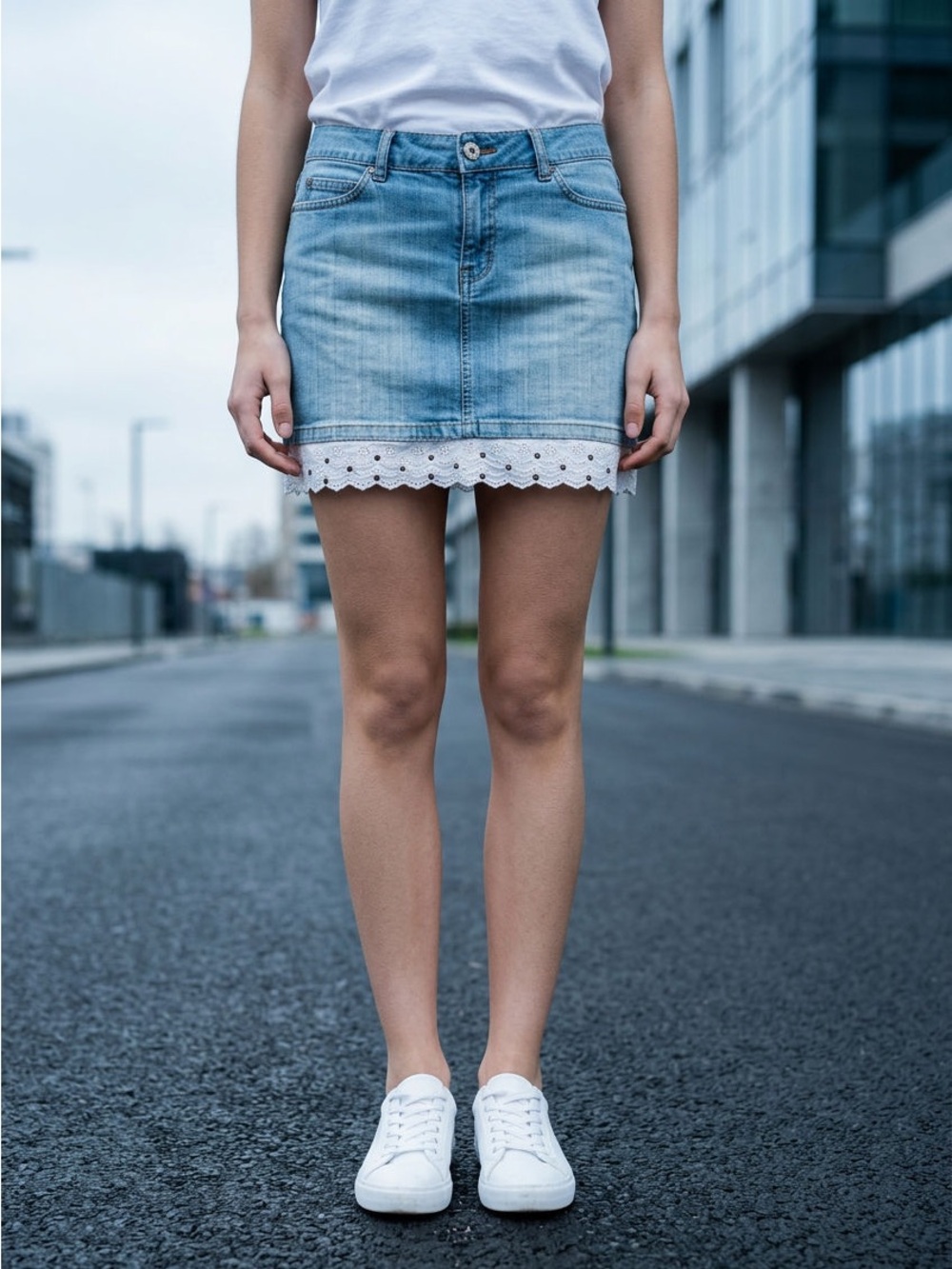 Buffalo David Bitton Light Blue Denim Mini Skirt with White Lace Hem